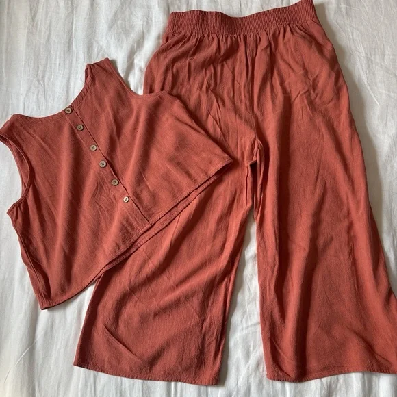 Amazon Anrabess 2 Piece Linen Set Crop Top and Wide Leg Pants Rust Size L - Picture 4 of 8